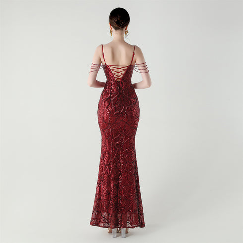 Graceful Sequin Embellished Mesh Mermaid Maxi Dress